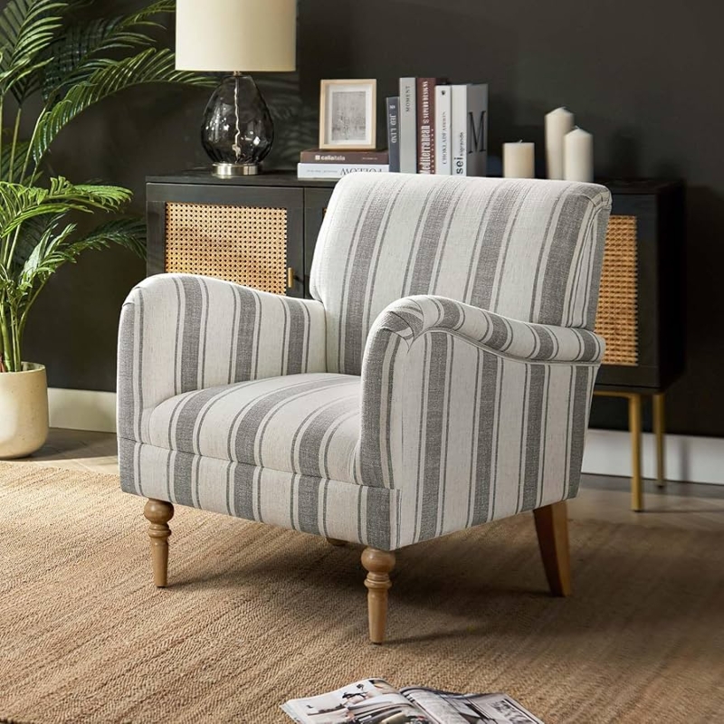 Turned Front Leg Accent Chair, Slate Grey Stripe, Flared Arms