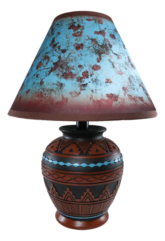 Turquoise Distressed Shade Table Lamp: Geometric Relief Carvings