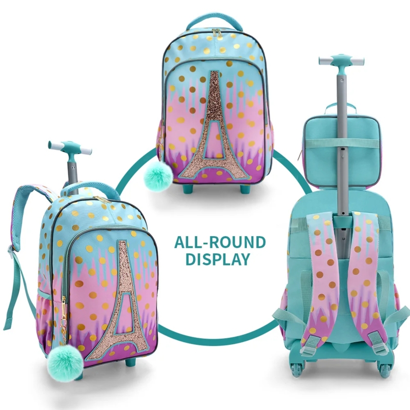 Turquoise Gradient Rolling Backpack with Glitter Eiffel Tower