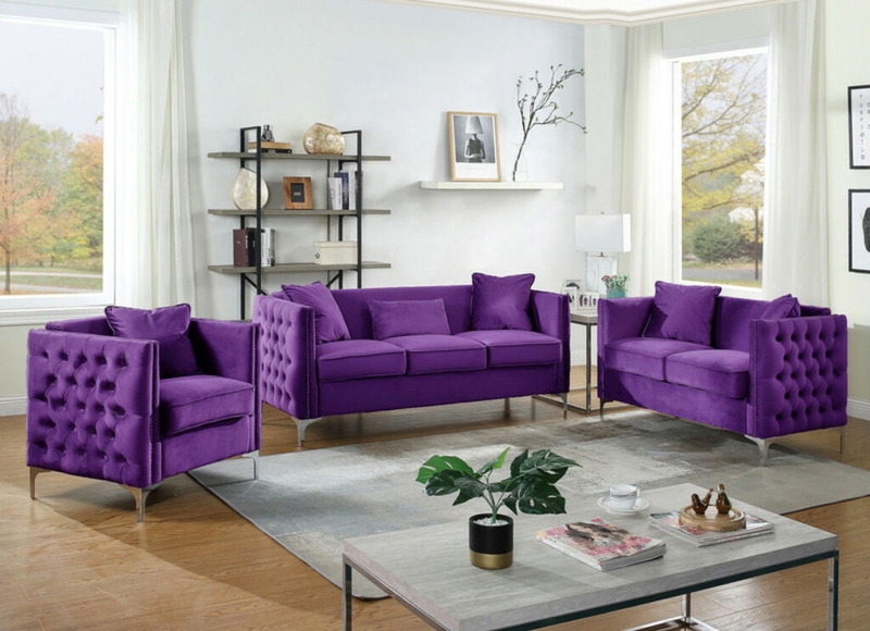 Tuxedo Sofa Set featuring Deep Tufting and Polished Silver Legs