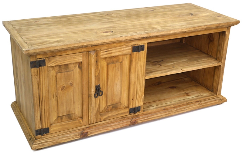 Tv Console Honey Pine Iron Strap Hinges Open Shelving