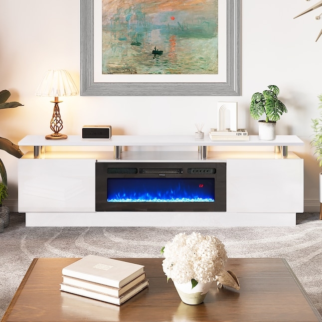 TV Stand Fireplace High Gloss White Blue LED Flames Floating Top