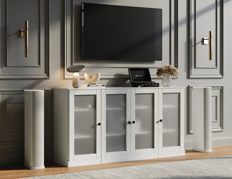 Tv Stand White Frosted Glass Doors Shaker Style Frames