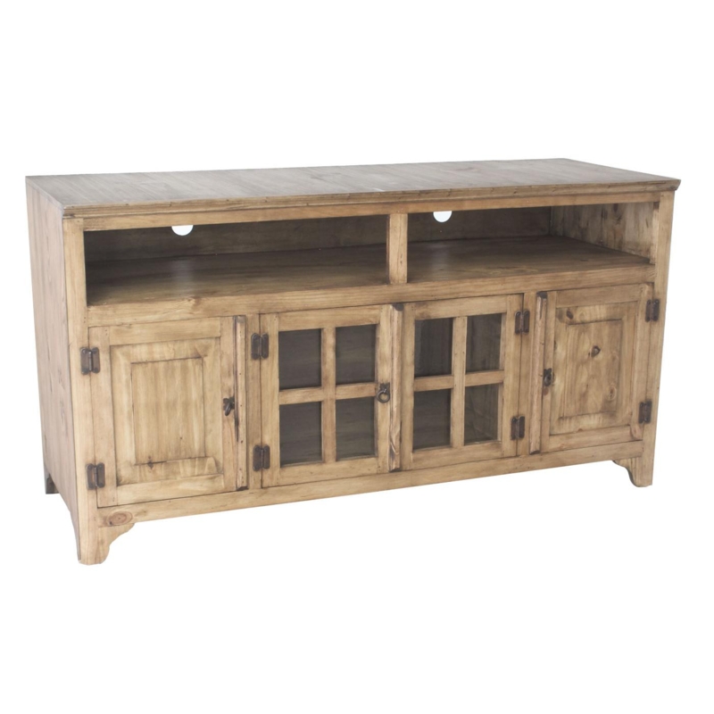 Tv Stand Windowpane Glass Doors Distressed Honey Finish