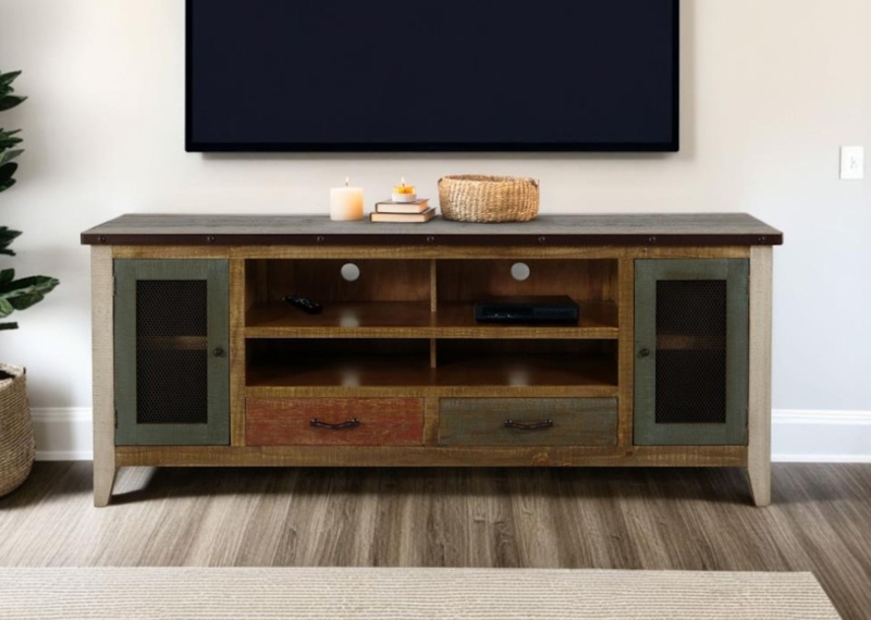 TV Stand with Multicolor Wood Panels and Metal Mesh Doors