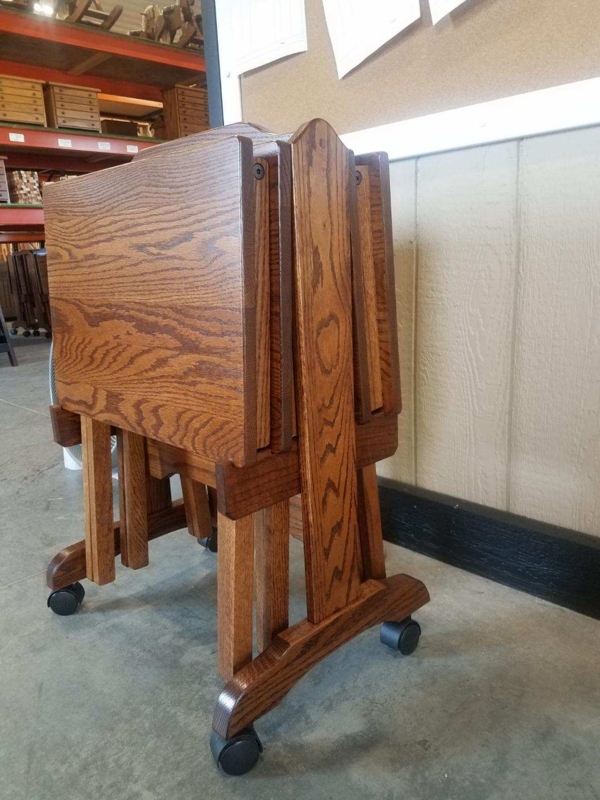 TV Tray Set Oak Grain Medium Brown Wood Rolling Stand Rustic Style