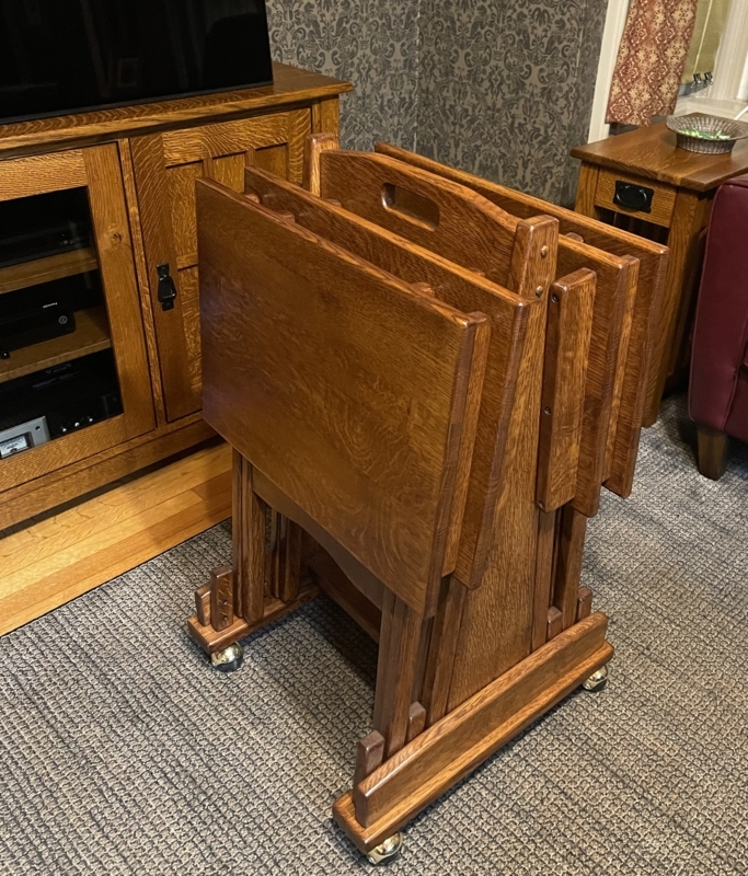 TV Tray Set Slatted Sides Mission Style Hardwood Rolling Base Honey
