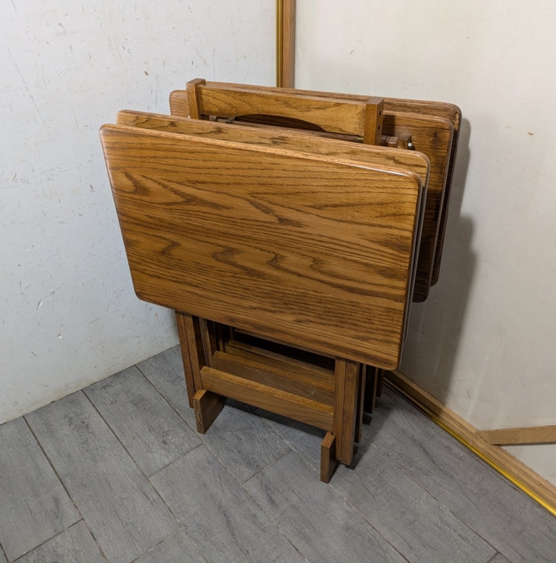 TV Tray Set Solid Oak Construction Honey Finish Portable Stand Rustic