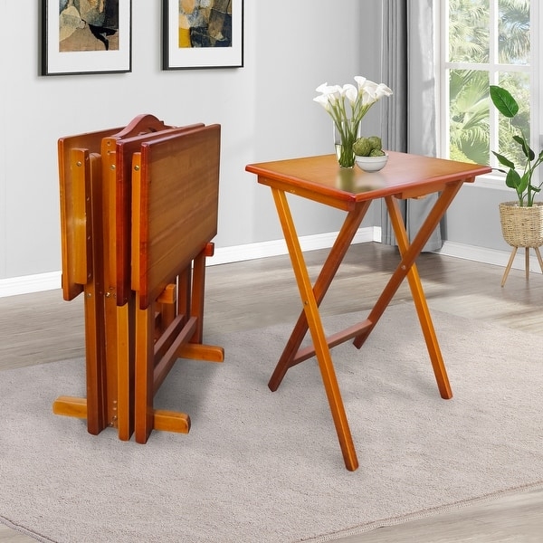 TV Tray Set Warm Amber Wood Storage Rack Rustic Farmhouse Style