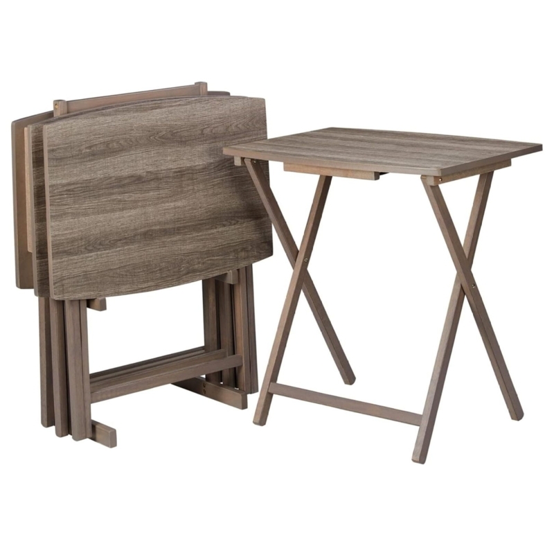 TV Tray Set Weathered Finish Walnut Brown Wood Storage Rack Rustic