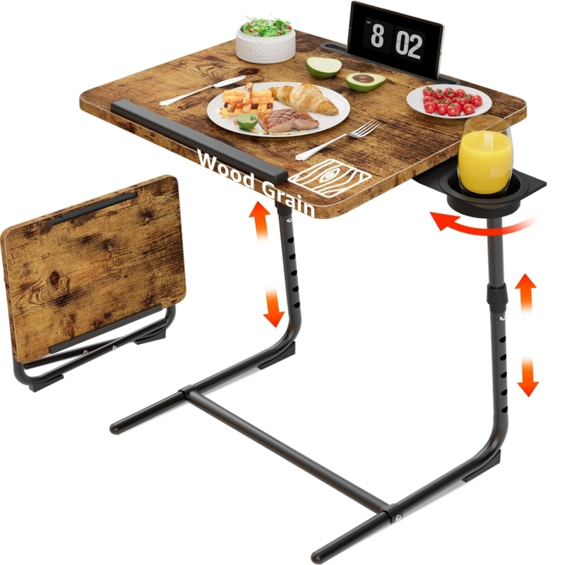 TV Tray Table Swivel Cup Holder Adjustable Height C-Shape Base Rustic