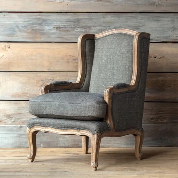 Tweed Wingback Accent Chair Charcoal Exposed Carved Wood Frame