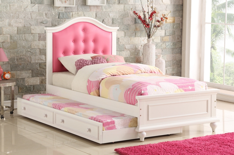 Twin Bed Trundle with Arched Pink Tufted Headboard and Bun Feet