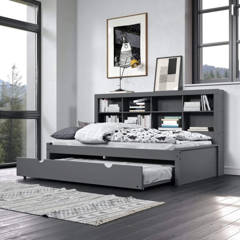 Twin Bed with Trundle Drawer, Slate Grey Scandi-Inspired Bookcase