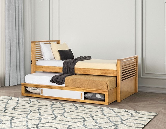 Twin Captains Bed in Light Oak with Sliding Storage Door and Trundle