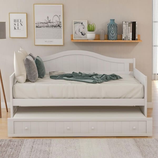 Twin Daybed Arched Backrest White Beadboard Pull Out Trundle