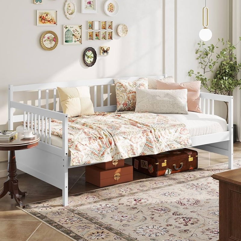Twin Daybed Cottagecore White Slatted Rails Under Bed Storage Platform