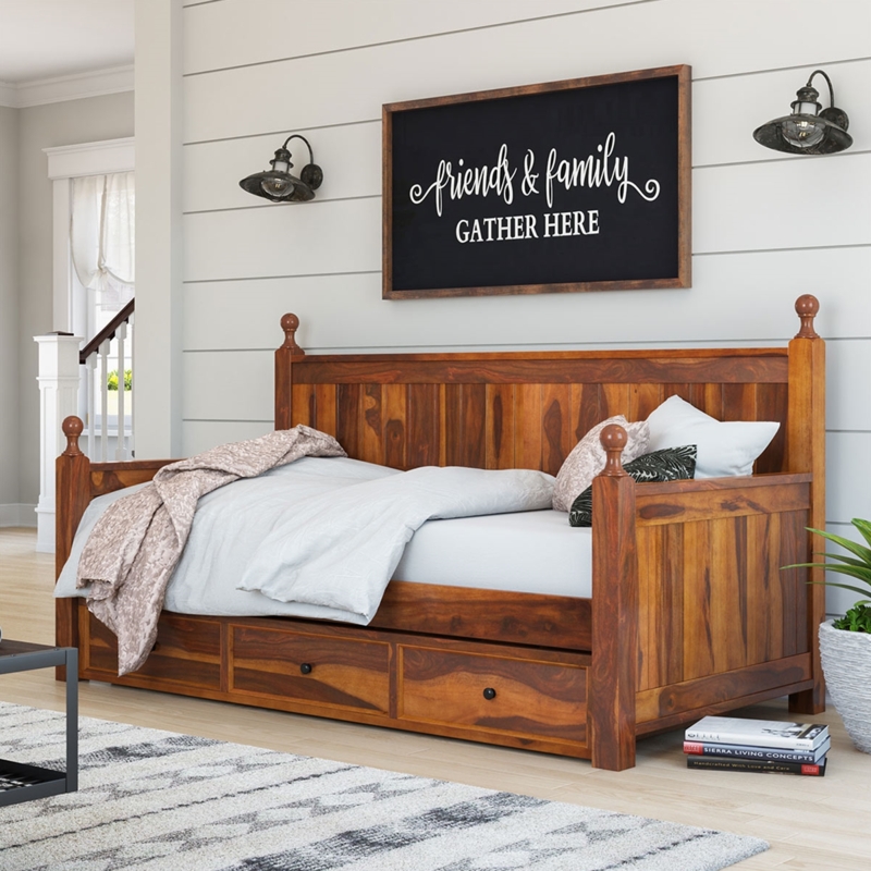Twin Daybed Farmhouse Wood Frame Decorative Finials Storage Drawers