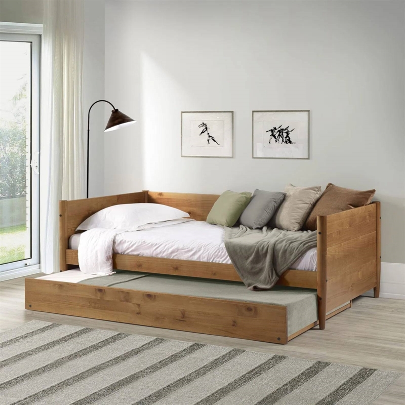 Twin Daybed Mid-Century Modern Medium Brown Tapered Legs Trundle