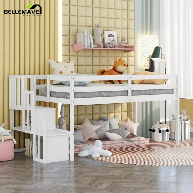 Twin Loft Bed with Open Cubby Steps for Kids Room Storage