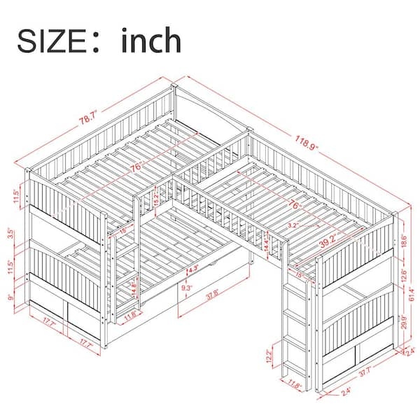 Twin Over Twin Triple Bunk Bed Gray Wood with Attached Loft Section