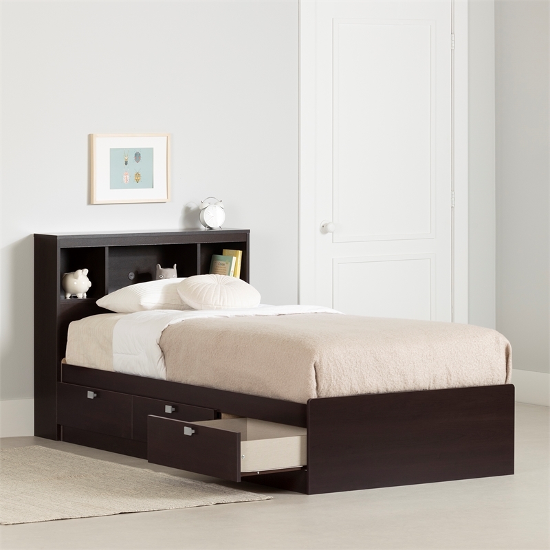 Twin Storage Bed, Chocolate Brown, Square Knobs, Bookcase Headboard