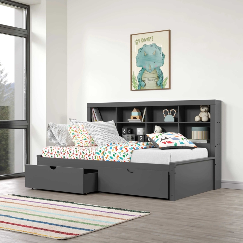 Twin Storage Bed, Matte Charcoal Grey, Bookcase Headboard, Underbed Drawers