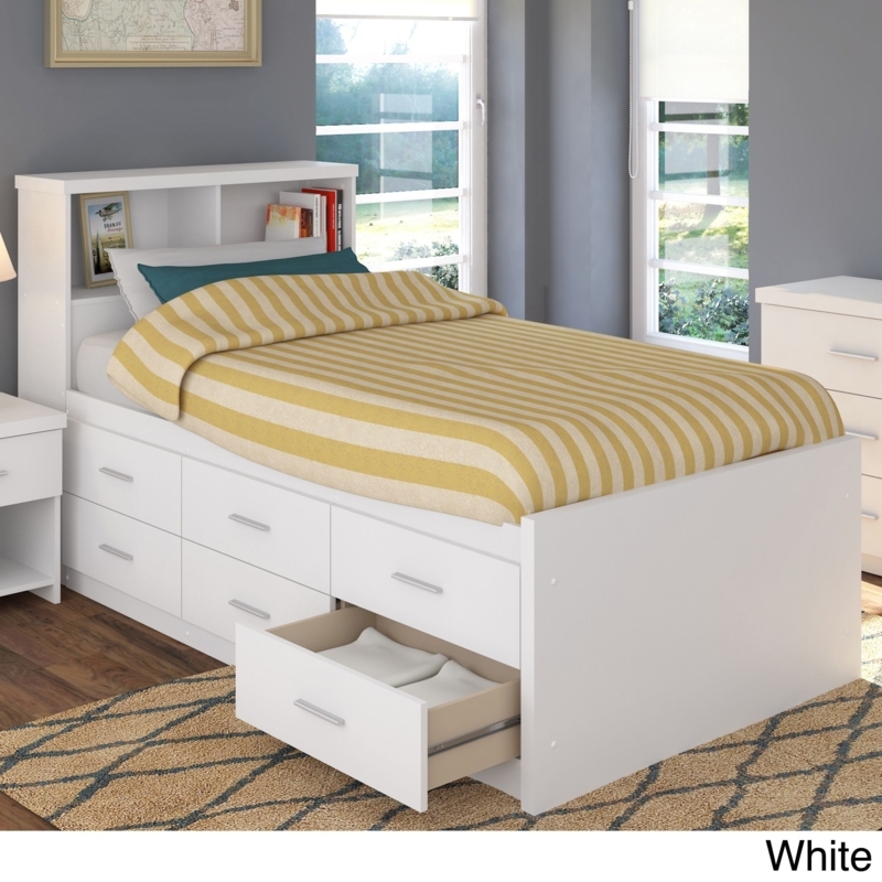 Twin Storage Bed, White Finish, Six Drawers, Silver Bar Pull Handles