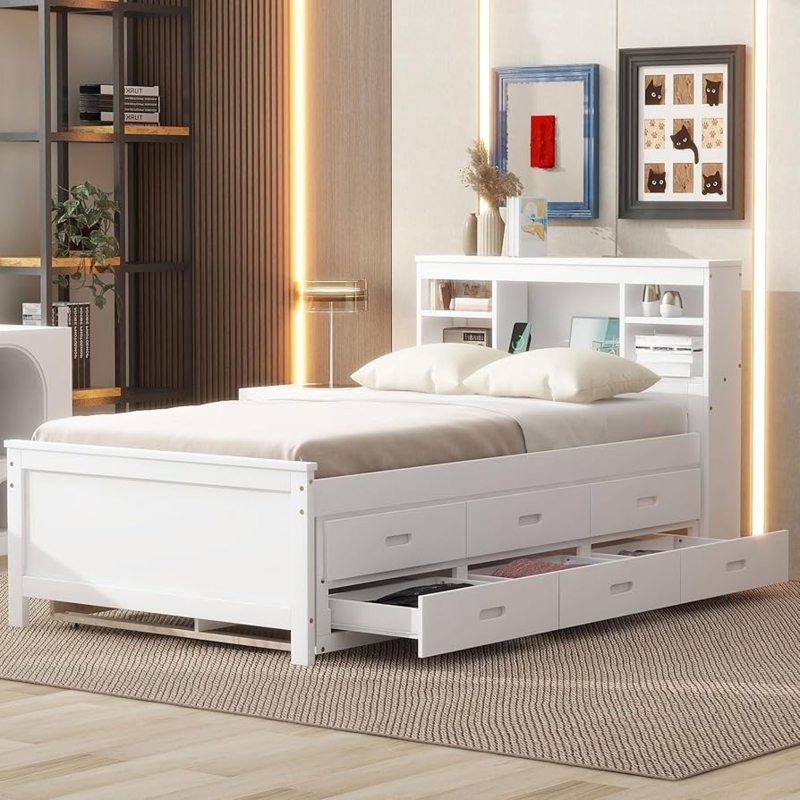 Twin Storage Bed, White with Trundle, Drawers & Built-In USB Charging