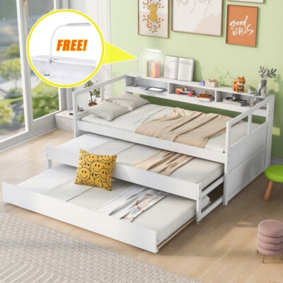 Twin XL Daybed White Dual Trundle Integrated Shelving Headboard