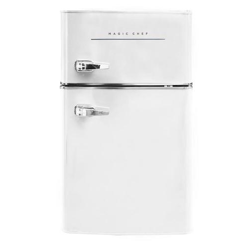 Two Door Compact Refrigerator in Glossy White with Retro Chrome Handles