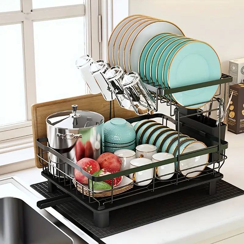 Two-Tier Black Dish Rack with Angled Glass Holder and Integrated Caddy