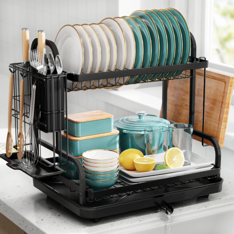 Two-Tier Black Metal Dish Rack with Cutting Board and Hanging Hooks