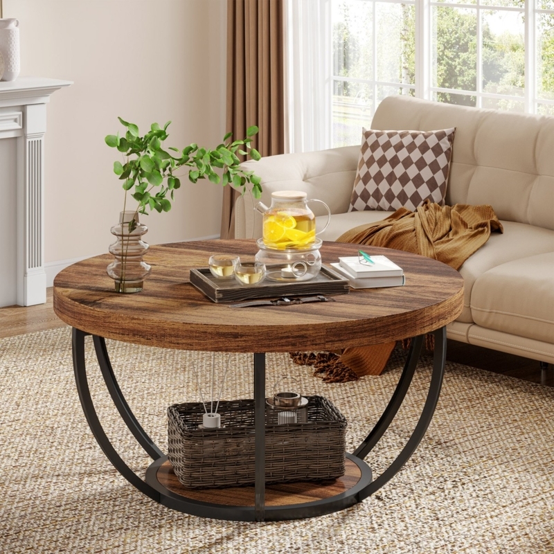 Two Tier Center Table Round Curved Metal Base Walnut Wood