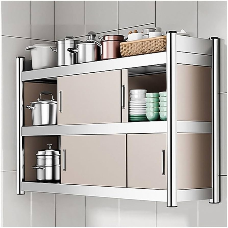 Two-Tier Kitchen Wall Cabinet with Sliding Doors and Open Shelving