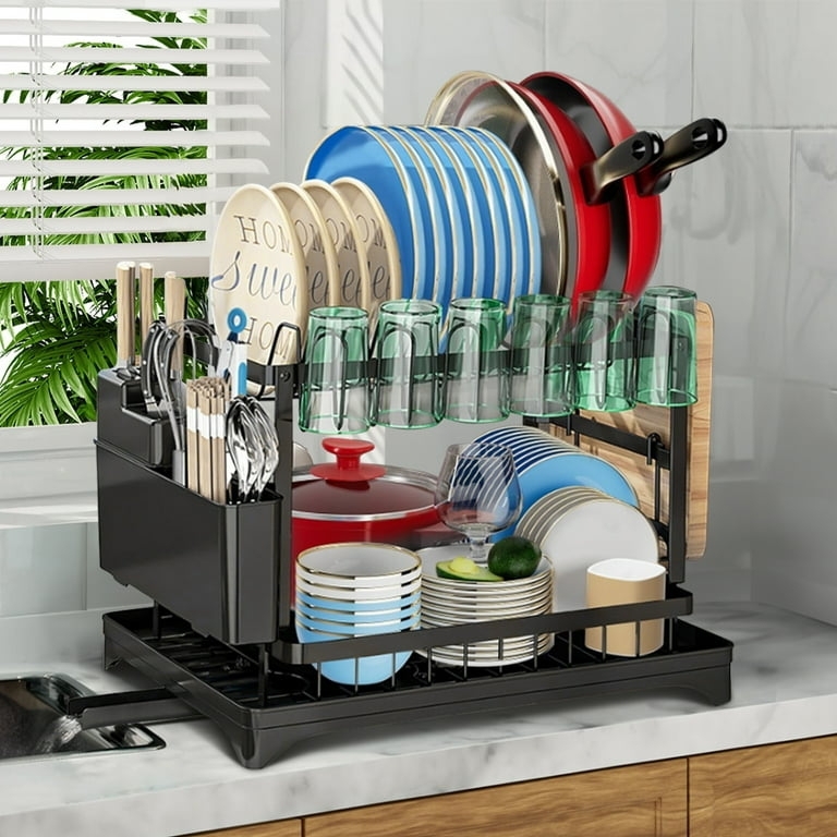 Two-Tier Matte Black Dish Drainer with Swivel Spout and Glass Hooks