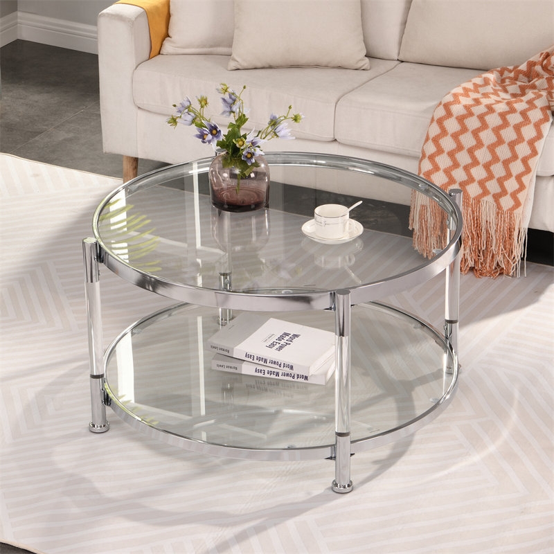 Two Tier Metal Coffee Table Round Glass Polished Chrome Cylindrical