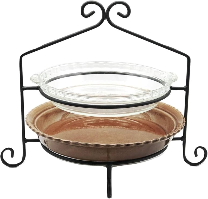 Two Tier Pie Rack, Satin Black with Mixed Glass and Ceramic Plates