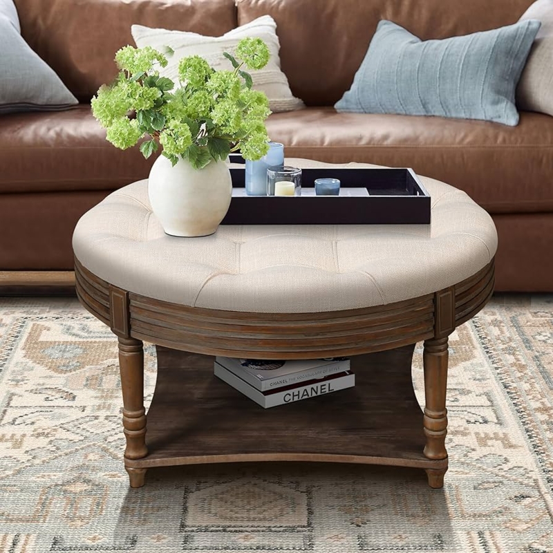Two-Tier Round Ottoman Cream Tufted Ribbed Apron Wood Legs