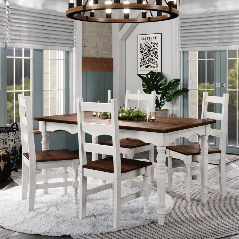 Two-Tone Dining Set: Scalloped Apron Table, Ladder Back Chairs, Rustic.