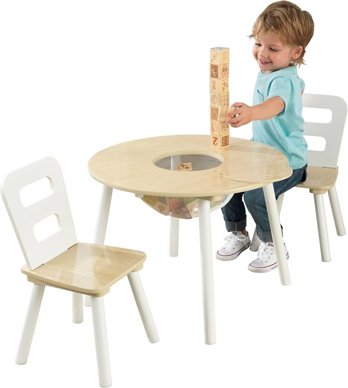Two-Tone Kids Table Set with Center Mesh Storage and Removable Cover
