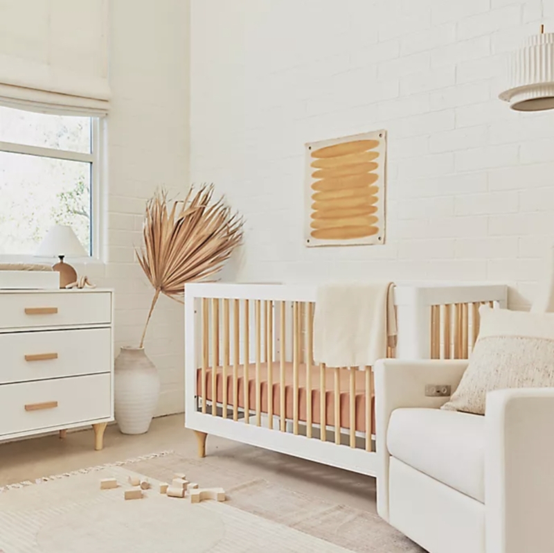 Two Tone Mid Century Crib Set featuring Tapered Wood Legs and Spindles