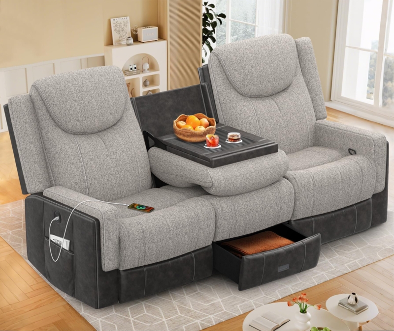 Two-Tone Reclining Loveseat: Flip-Down Middle Backrest & Drawer