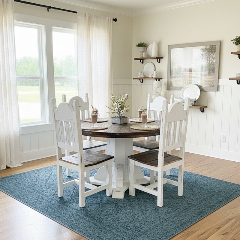 Two-Tone Rustic Dining Set with Distressed White Farmhouse Chairs