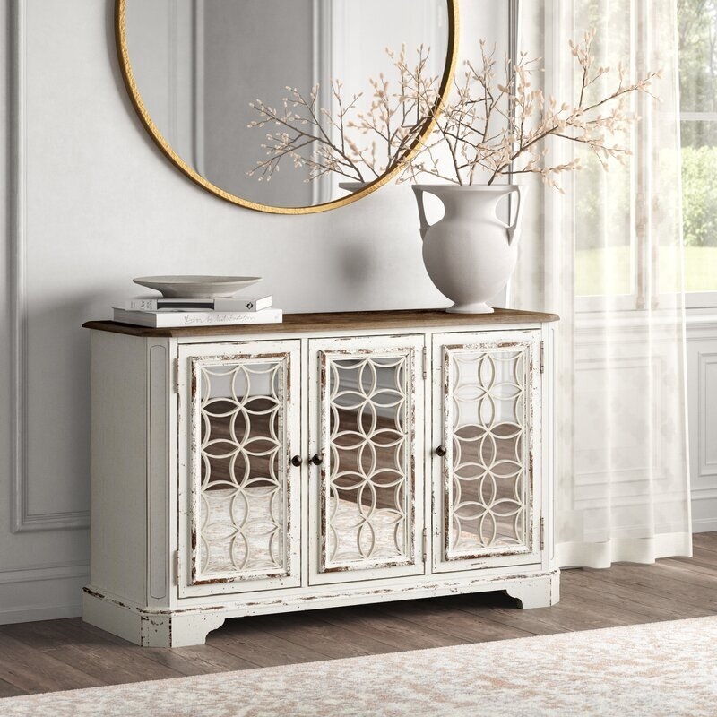 Two-Tone Sideboard with Circle Fretwork and Mirrored Doors