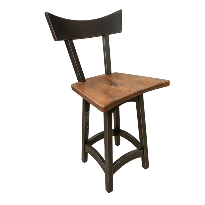 Two Tone Swivel Bar Stool with Crescent Backrest and Distressed Finish
