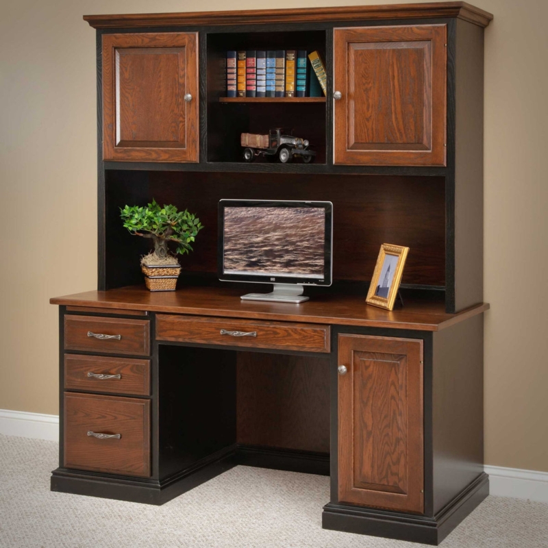 Two-Tone Wood Hutch Desk: Espresso and Warm Brown Recessed Panels