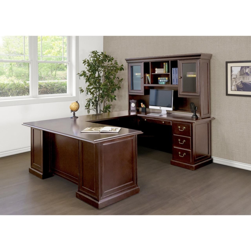 U-Shaped Desk Glass Front Hutch Mahogany Finish Traditional Antique Brass