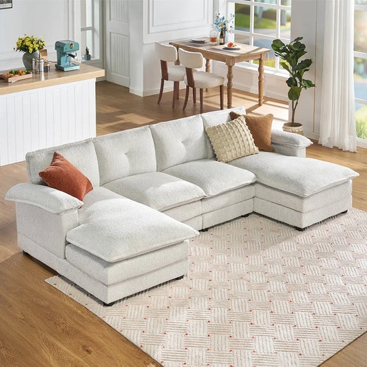 U-Shaped Sectional Nubby Boucle Texture Double Chaise Cream