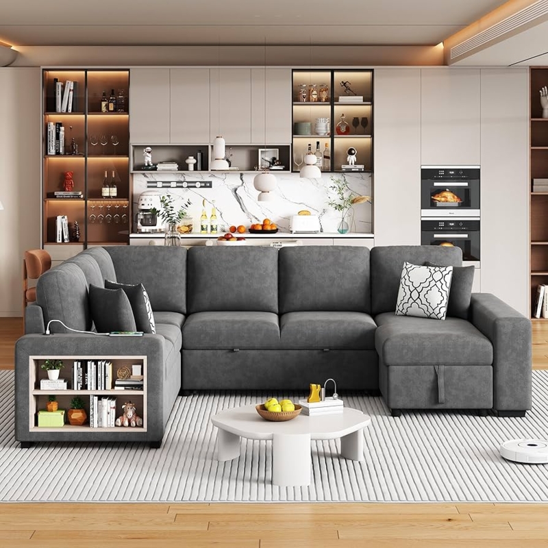 U-Shaped Sectional Sleeper Sofa with Integrated Armrest Storage and USB